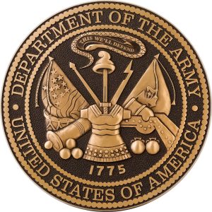 Cast bronze plaque featuring the Department of the Army seal with various military symbols and the year 1775.