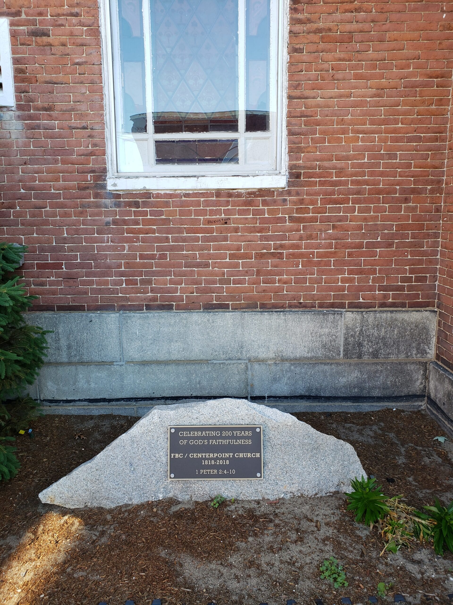 CenterPoint Church bicentennial plaque beside the front steps