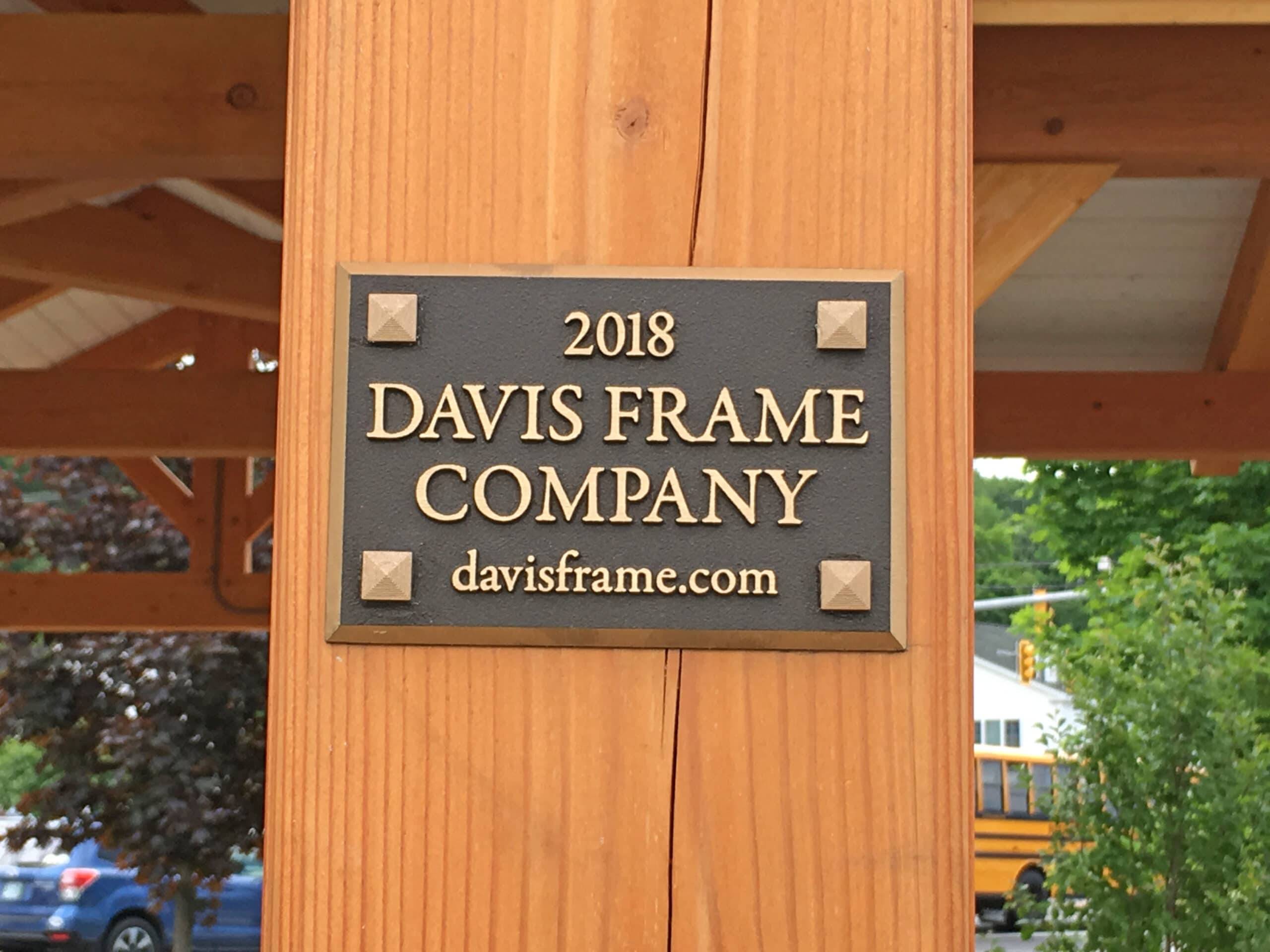 Davis Frame Company cast bronze plaque on the timber frame pavilion at Hesky Park, Meredith NH