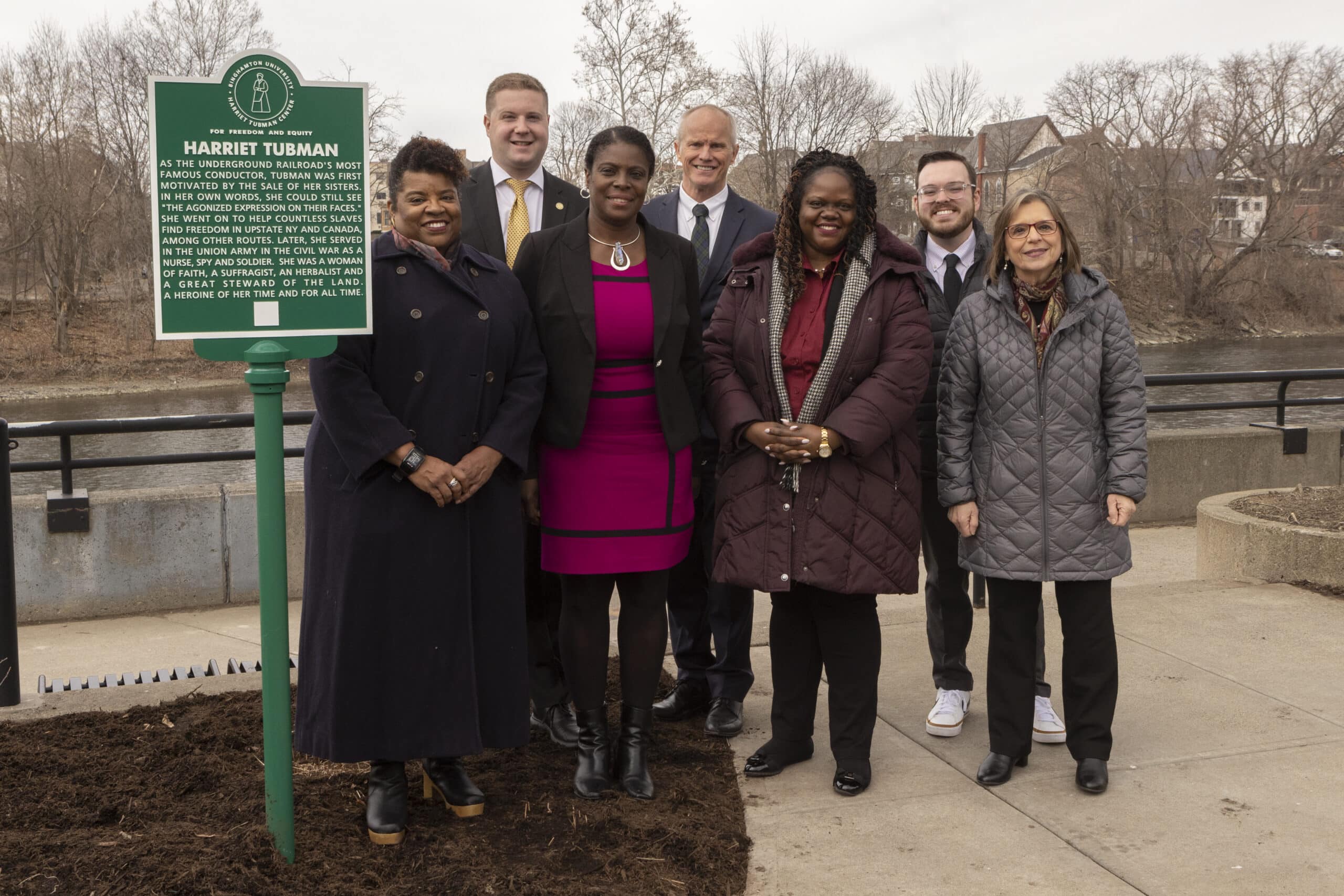 Cast aluminum historical marker on the Harriet Tubman Center trail at Binghamton University