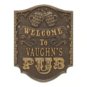 Pub Welcome wall plaque for Vaughn's Pub with two beer mugs in a bronze finish