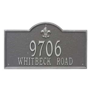 Bayou Vista two line wall plaque reading 9706 Whitbeck Road with a fleur-de-lis on top