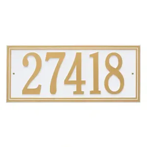 White Double Line estate wall plaque with gold number 27418 inside a rectangular double border