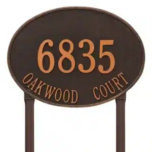 Bronze address plaque displaying the number 6835 and the text 'Oakwood Court' in a classic style.