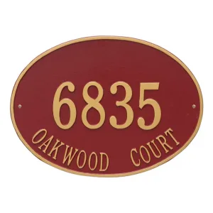 Red Hawthorne Oval two line wall plaque with 6835 Oakwood Court in gold