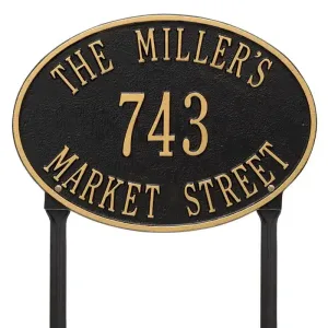 Black oval sign with gold lettering displaying 'The Miller's 743 Market Street'.
