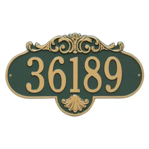 Green Rochelle Grande one line wall plaque with gold number 36189 and decorative detailing top and bottom