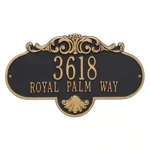 Black Rochelle Grande two line wall plaque with 3618 Royal Palm Way in gold and decorative detail