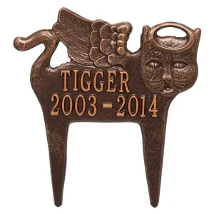 Guardian Angel cat memorial plaque, a bronze cat silhouette with wings cast with the name Tigger and the years 2003-2014