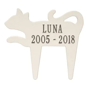 Cat Silhouette pet memorial plaque shaped like a sitting cat, cast with the name Luna and the years 2005 - 2018