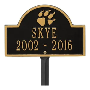 Dog Paw Arch Mini plaque in Black/Gold, a personalized pet memorial with the name Skye and the years 2002 - 2016