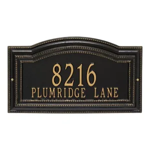 Arbor Grande 2-line wall plaque in Black/Gold with 8216 Plumridge Lane in gold numbers and lettering