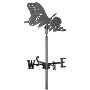 Black metal butterfly weathervane with directional indicators for north, south, east, and west.