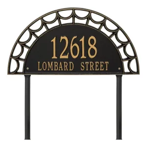 Black address sign with gold lettering displaying '12618 Lombard Street' in an arch design.