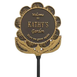 Garden Flower personalized lawn plaque with a sunflower, Welcome to Kathy's Garden and Here we grow again in bronze