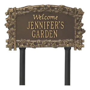 Ivy Trellis Garden Welcome plaque in bronze reading Jennifer's Garden surrounded by cast foliage