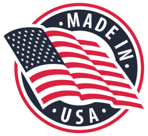 Circular emblem with an American flag and text 'Made in USA' in bold lettering.