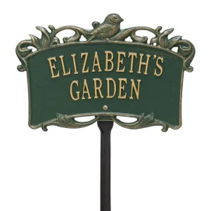 Song Bird Garden lawn plaque in cast bronze finish reading Elizabeth's Garden with a bird perched on top