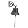 Medium cast aluminum bell in black on a decorative wall mount with a brown rope pull