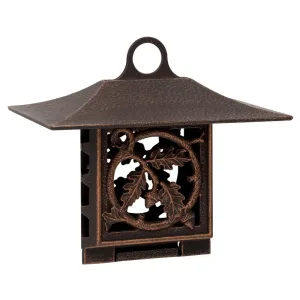 Oak Leaf suet feeder in cast aluminum with oak leaf relief, a pitched roof and a hanging loop