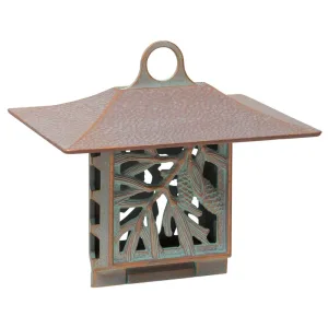 Pinecone suet feeder in cast aluminum with pine cone and branch relief and a sloped roof