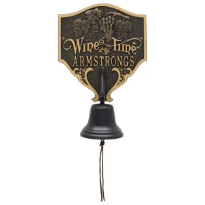 Wine Time personalized bell with grapevine design, bronze plaque reading at Armstrongs, and a black bell