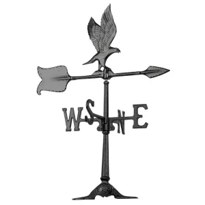 Metal weather vane featuring an eagle atop an arrow, indicating cardinal directions W, S, E, and N.
