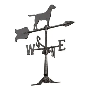 Weather vane featuring a silhouette of a retriever dog atop a directional arrow with cardinal points.