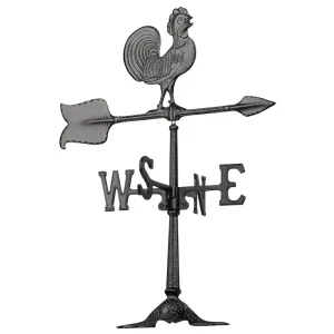 Cast iron rooster weather vane with directional indicators for north, south, east, and west.