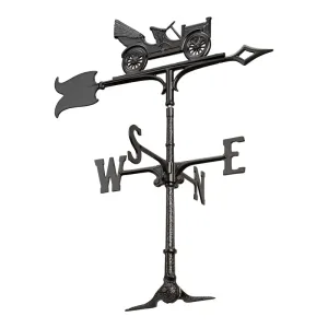 Antique-style weather vane featuring a vintage automobile design atop a directional arrow structure.