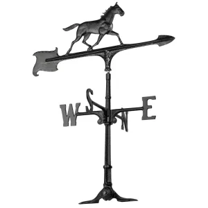 Weather vane featuring a galloping horse atop a directional arrow indicating north, south, east, and west.