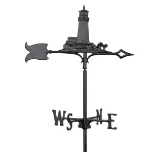 Black metal weather vane featuring a lighthouse design with cardinal direction indicators.