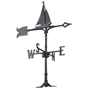 Black metal weather vane featuring a sailboat design with directional indicators for north, south, east, and west.