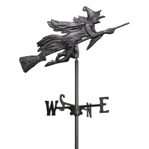 A weather vane featuring a witch flying on a broomstick, with directional indicators for North, South, East, and West.