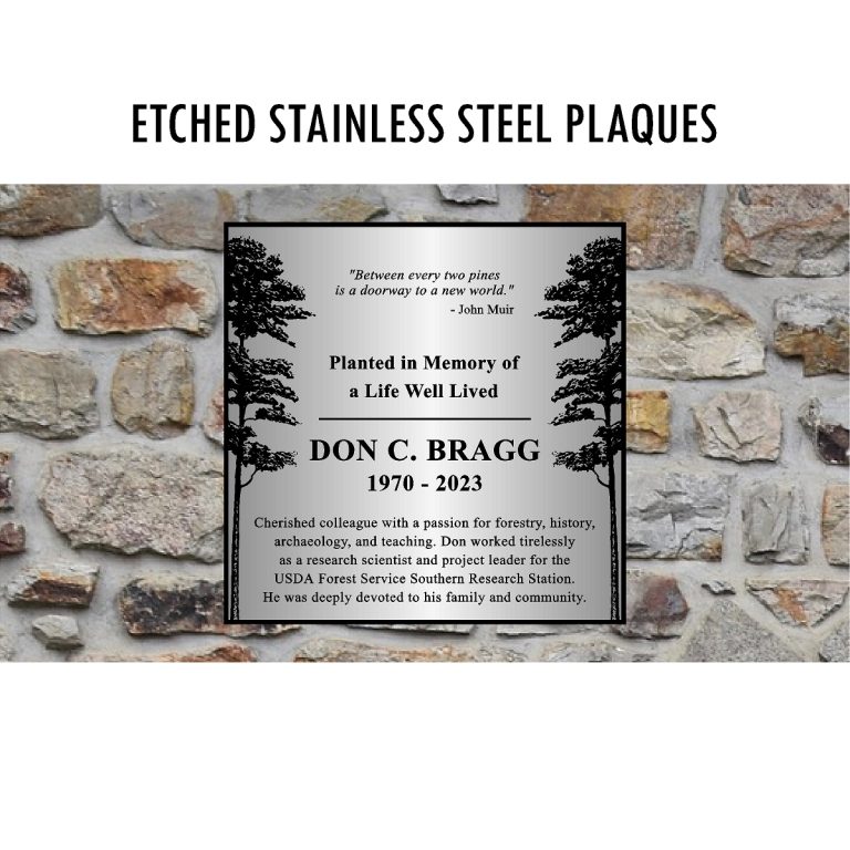 Etched stainless steel plaque