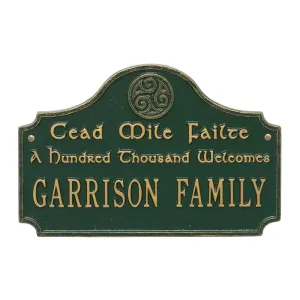 Cead Mile Failte plaque with green background and gold lettering for Garrison Family.