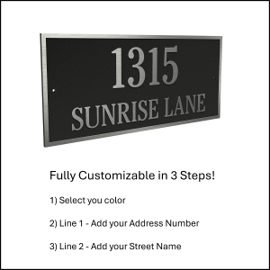 Customizable address plaque displaying '1315 Sunrise Lane' in a sleek design with a black background.