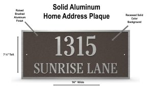 Solid aluminum home address plaque with raised brushed aluminum finish and recessed solid color background, displaying '1315 SUNRISE LANE'.
