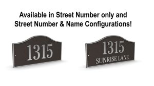 Two cast bronze plaques displaying the number '1315' and '1315 SUNRISE LANE' in a curved design.