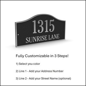 Customizable address plaque displaying '1315 Sunrise Lane' with options for color and additional text.
