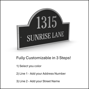 Customizable address plaque displaying '1315 Sunrise Lane' with a sleek design and clear lettering.