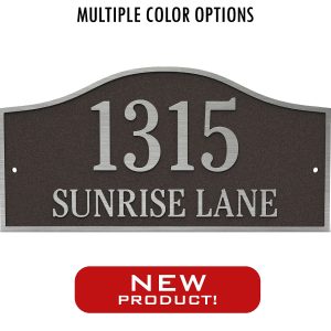 American Ogee home address plaque with a rolling arch top, the number 1315 and 'Sunrise Lane' in a classic design
