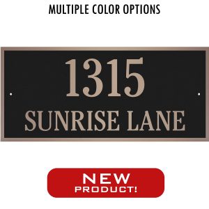 Black American Rectangle home address plaque with the number 1315 and 'SUNRISE LANE' in bronze lettering