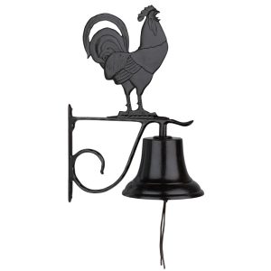 Bell with rooster ornament cast aluminum farm bell with black powder-coat finish and rooster silhouette on top