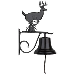 Bell with buck ornament cast aluminum farmhouse bell with white-tailed buck topper in black powder-coat finish