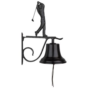Golfer ornament cast aluminum bell with black powder-coat finish and wall-mount bracket, shown outdoors