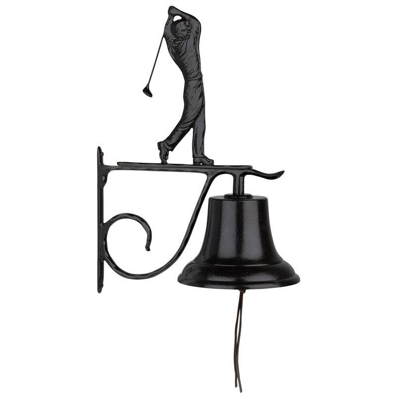 Bell with Golfer Ornament Golfer ornament cast aluminum bell with black powder-coat finish and wall-mount bracket, shown outdoors