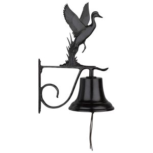 Cast aluminum mallard duck ornament bell with black powder-coat finish and wall-mount bracket