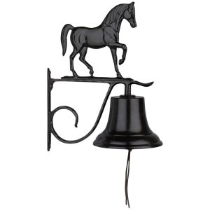 Bell with horse ornament cast aluminum bell with horse silhouette topper and black powder-coat finish mounted on bracket