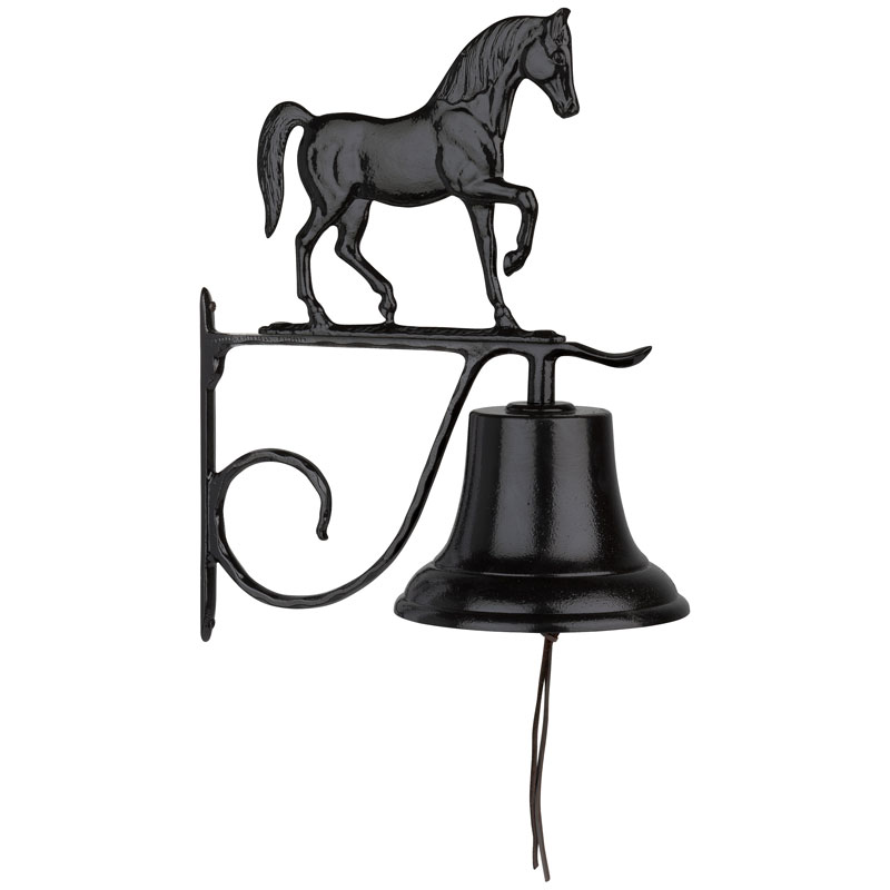 Bell with Horse Ornament Bell with horse ornament cast aluminum bell with horse silhouette topper and black powder-coat finish mounted on bracket